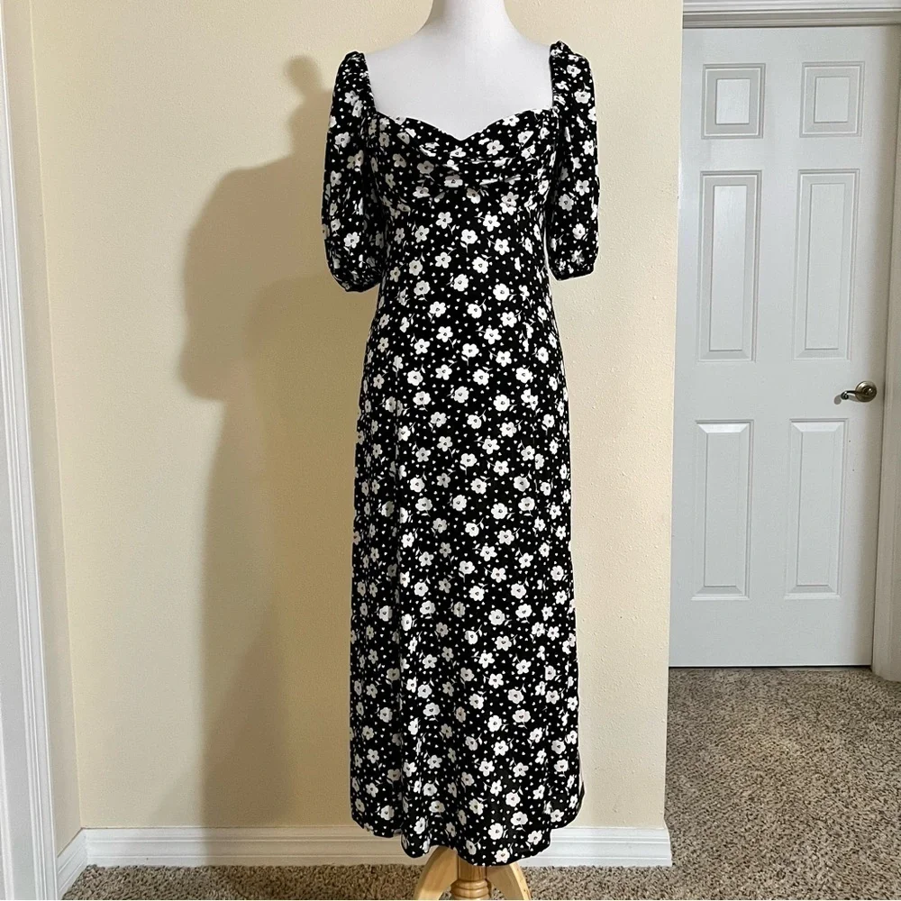 NWT ASOS DESIGN puff sleeve ruched bust midi split dress in floral and heart 6